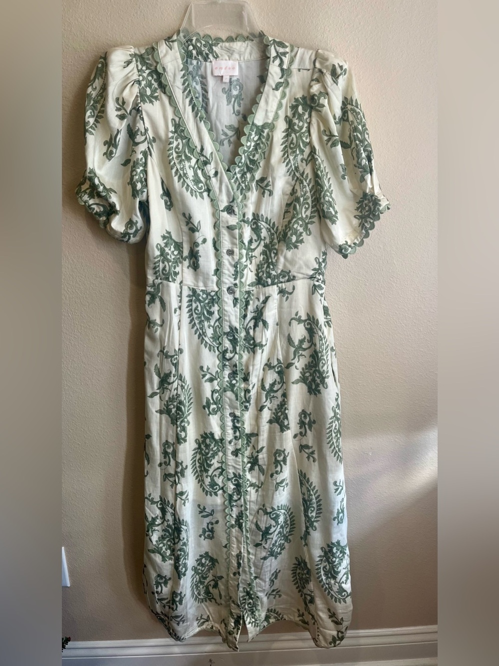 Women's Cream and Sage Green Button-Front Midi Dress